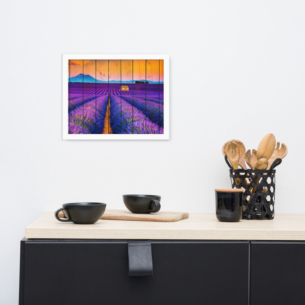 Faux Wood Lavender Fields and Sunset Landscape Framed Photo Paper Wall Art Print, White, 11" X 14"