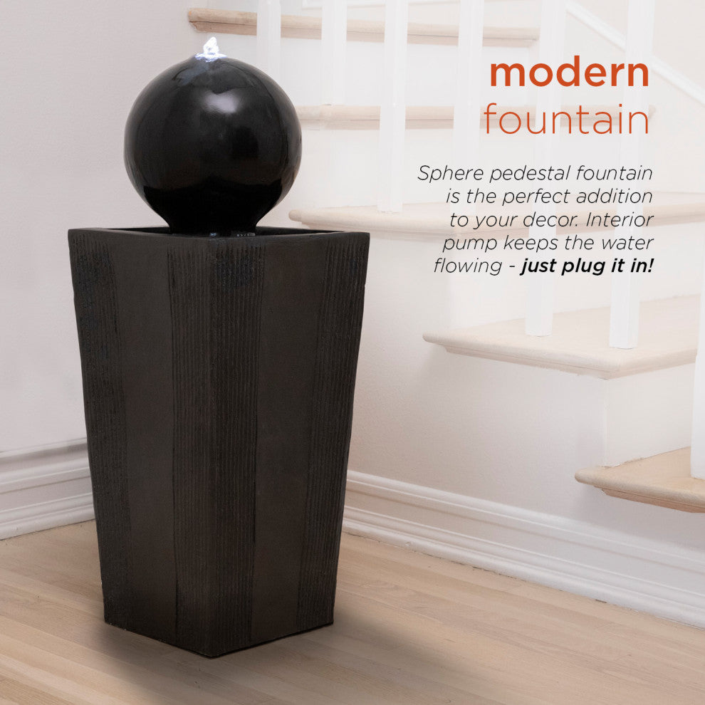 Alpine Modern Sphere Pedestal Fountain With LED Light, Black Finish, 33" Tall