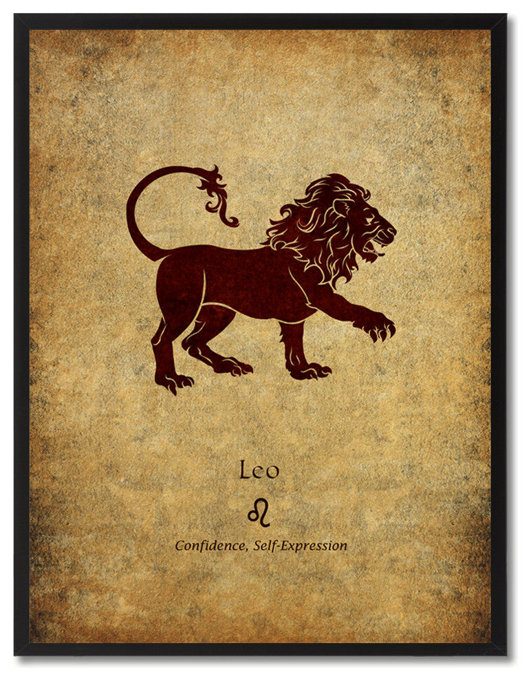 Leo Horoscope Astrology Brown Print on Canvas with Picture Frame, 13"x17"