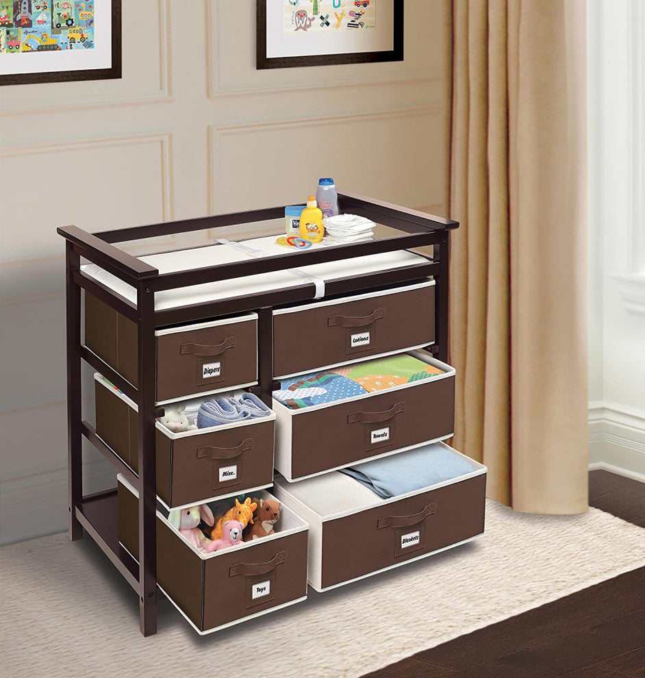 Modern Baby Changing Table with 6 Storage Baskets and Pad, Espresso