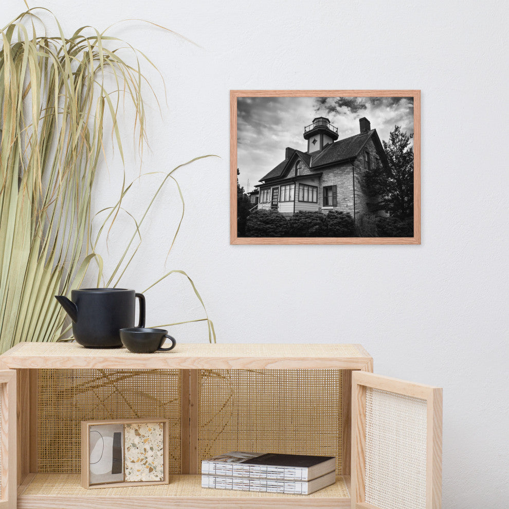 Cedar Point Lighthouse in Black and White Framed Photo Paper Wall Art Prints, Red Oak, 16" X 20"
