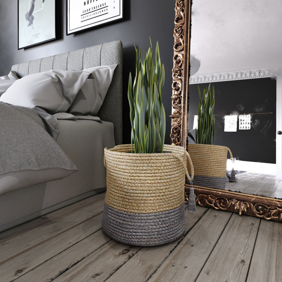 Two-Tone Natural Jute Woven Decorative Basket with Handles, Frost Gray, 17"
