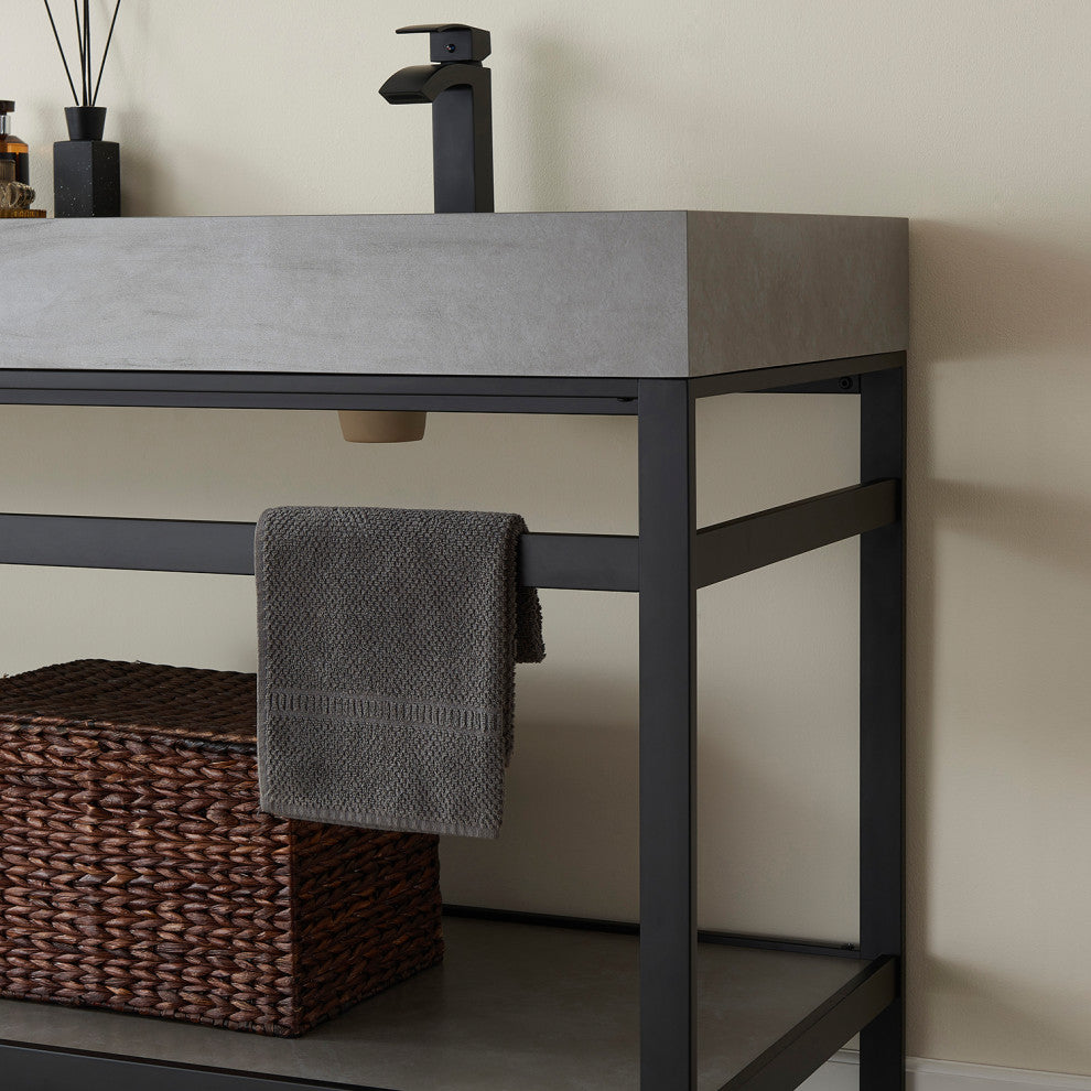 Funes Bath Vanity with Mirror, Matte Black Support, 72" Double Sink, Grey Stone Top