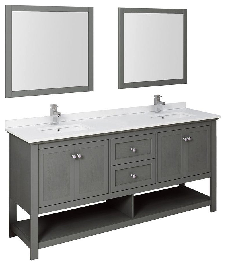 Manchester Regal 72" Gray Wood Veneer Double Sink Vanity Set, Faucet-Fft9161bn