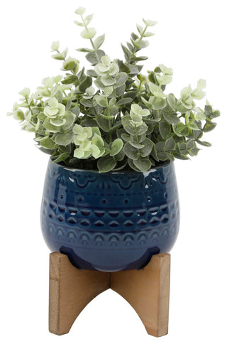 Full product on white background, clearly shows the Eucalyptus in navy Mayan pot on a stand with no overlays.