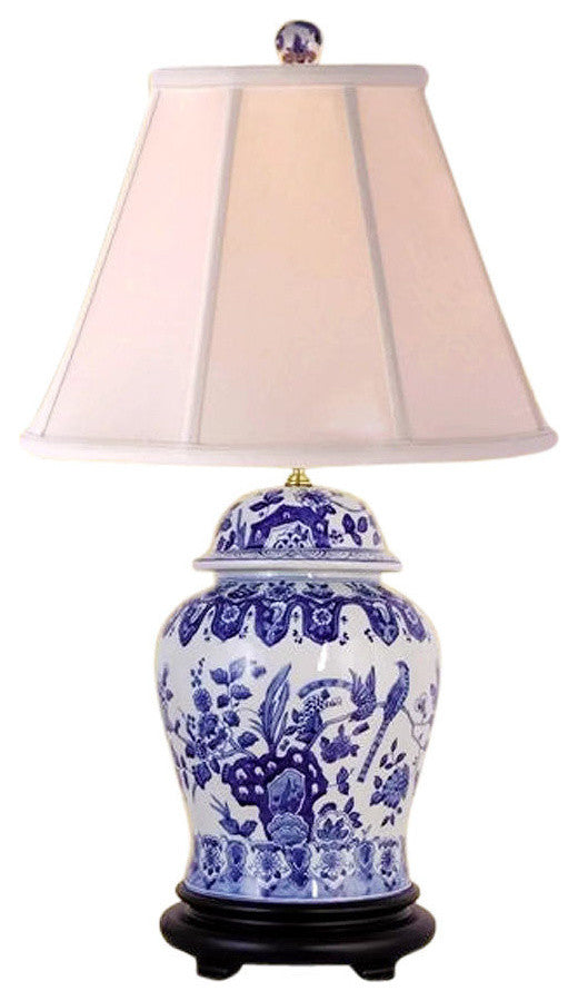 Blue and White Porcelain Temple Jar Table Lamp Chinoiserie Bird 29"