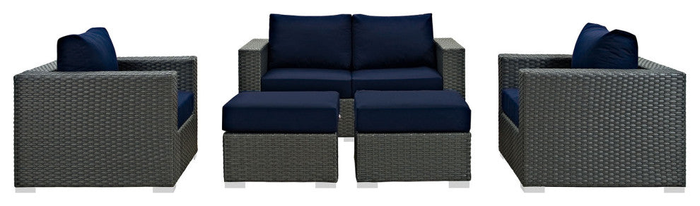 Canvas Navy Sojourn 5 Piece Outdoor Patio Sunbrella Sectional Set