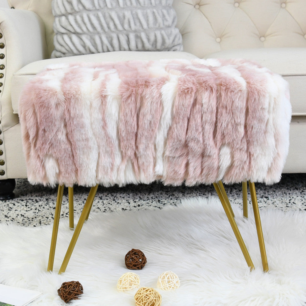 Soft Faux Fur Ottoman Fuzzy Entryway Bench Seat, Pink, 19"x13"x17"