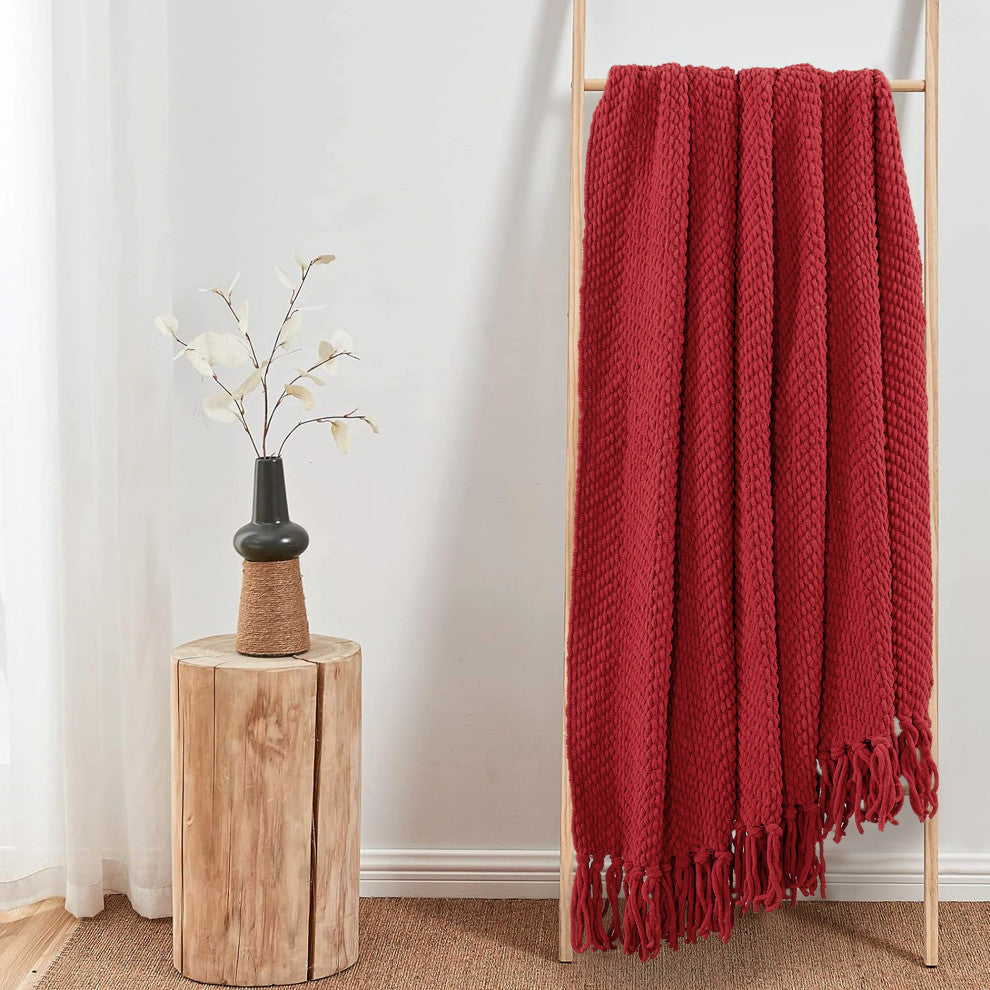 Tweed Knitted Throw Blanket, Chili Pepper Red, 50"x60"