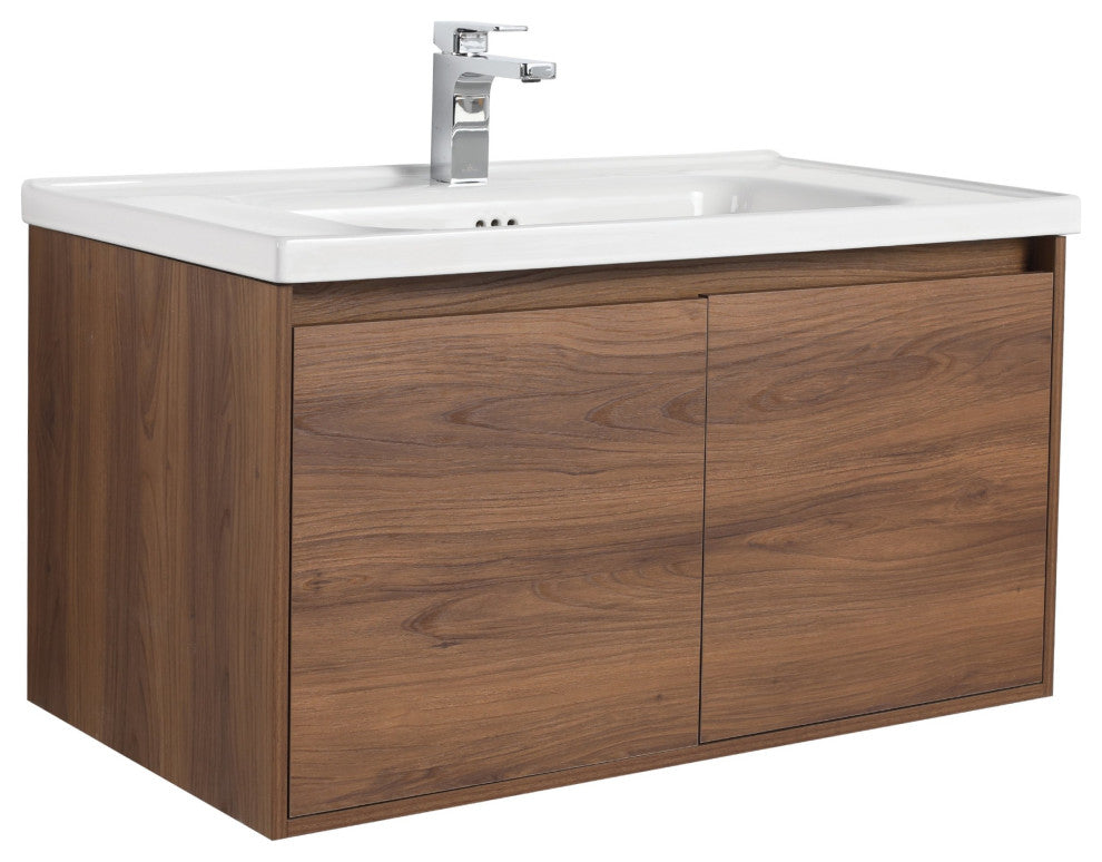 Wall Mounted Bathroom Vanity, Brown Walnut, 36" W/ Sink