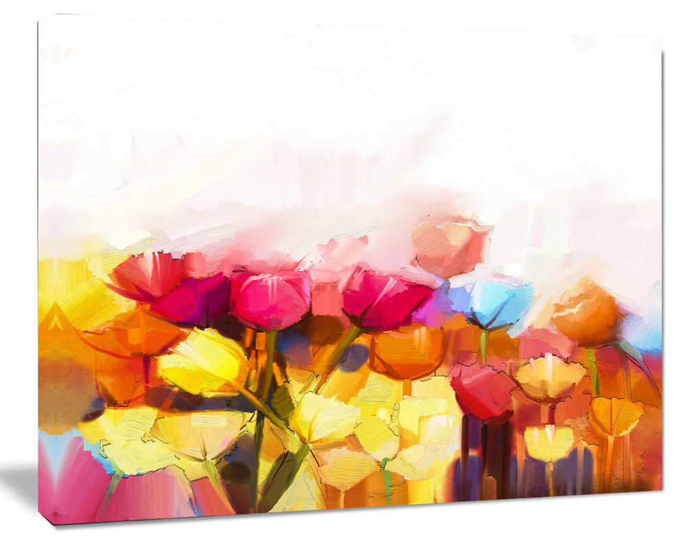 Yellow Pink Red Tulips on White, Large Floral Canvas Artwork, 40"x30"