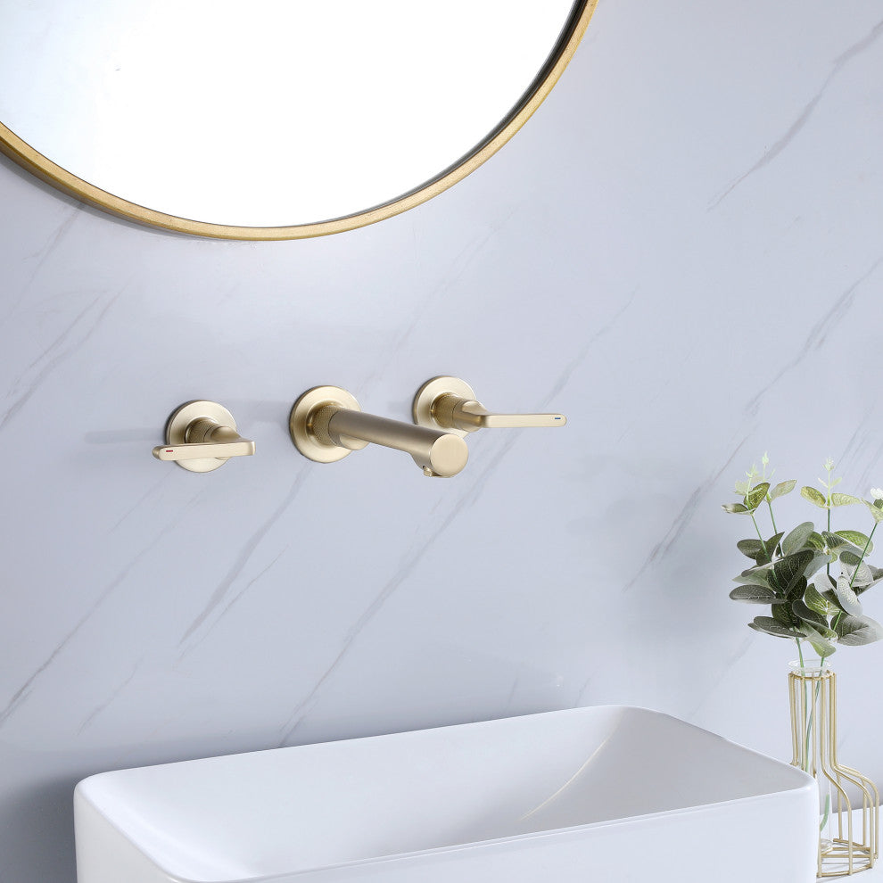 Wall Mounted Dual Handles Bathroom Faucet, Brushed Gold