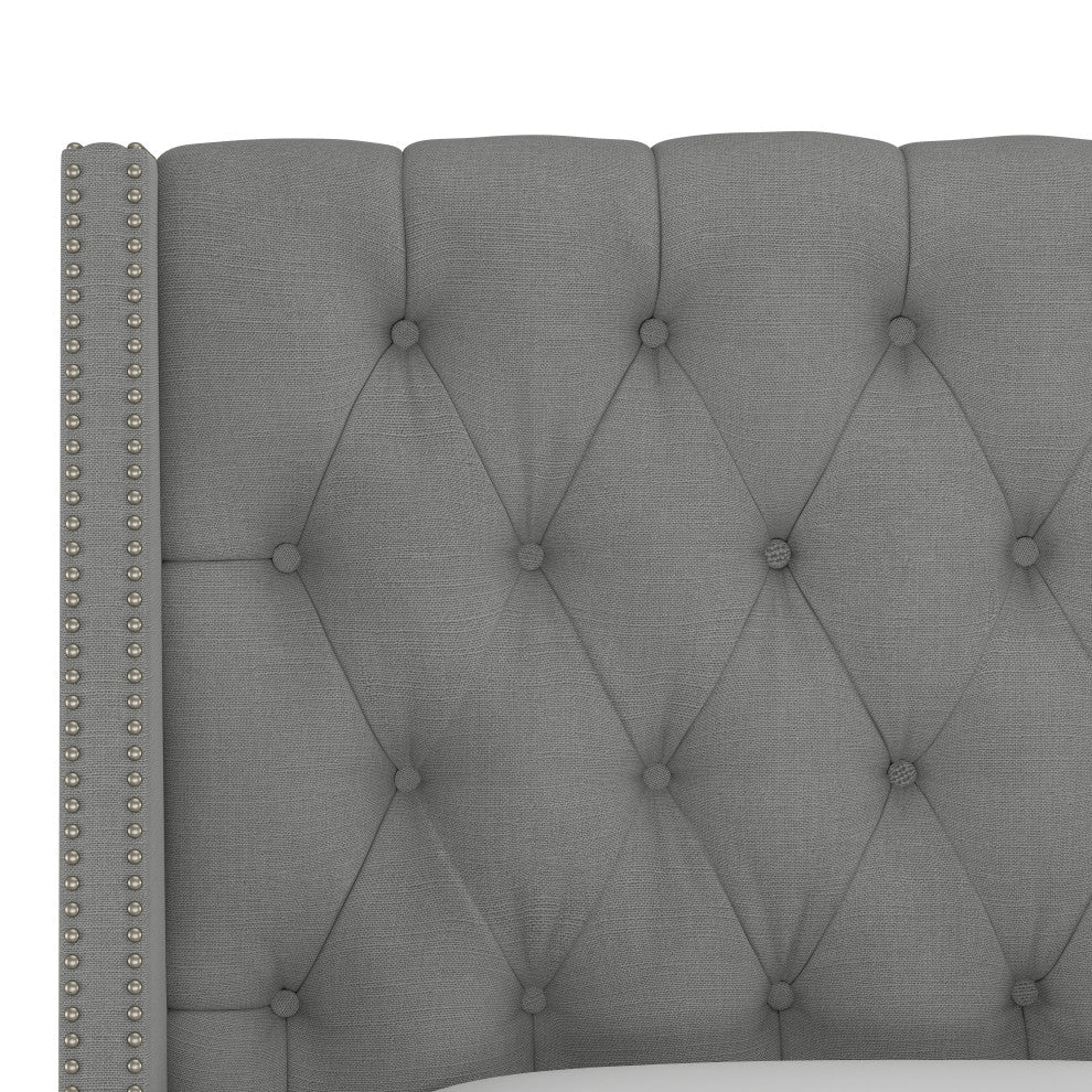 Williams Full Nail Button Wingback Bed, Linen Gray