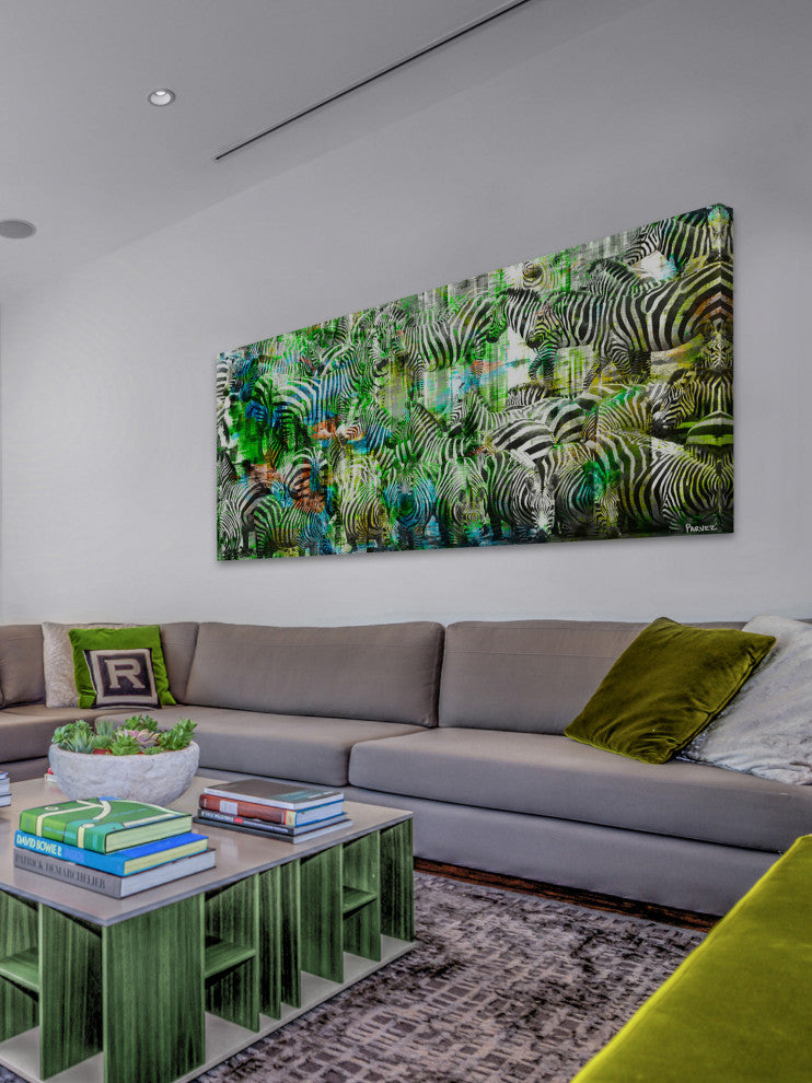 "Green Zebras" Print on Canvas, 24"x12"