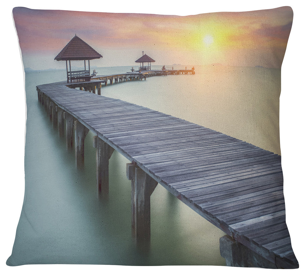 Wooden Sea Bridge and Sunset Seashore Photo Throw Pillow, 18"x18"
