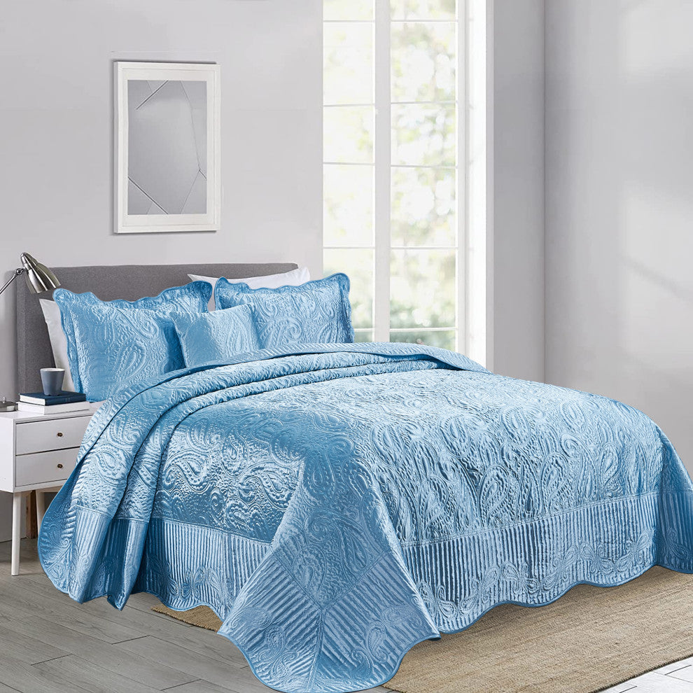 Matte Satin Quilted 4 Piece Bedspread Set, Aquatic, Queen