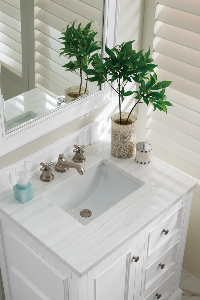 De Soto 30" Single Vanity, Bright White, 3CM Arctic Fall Solid Surface Top