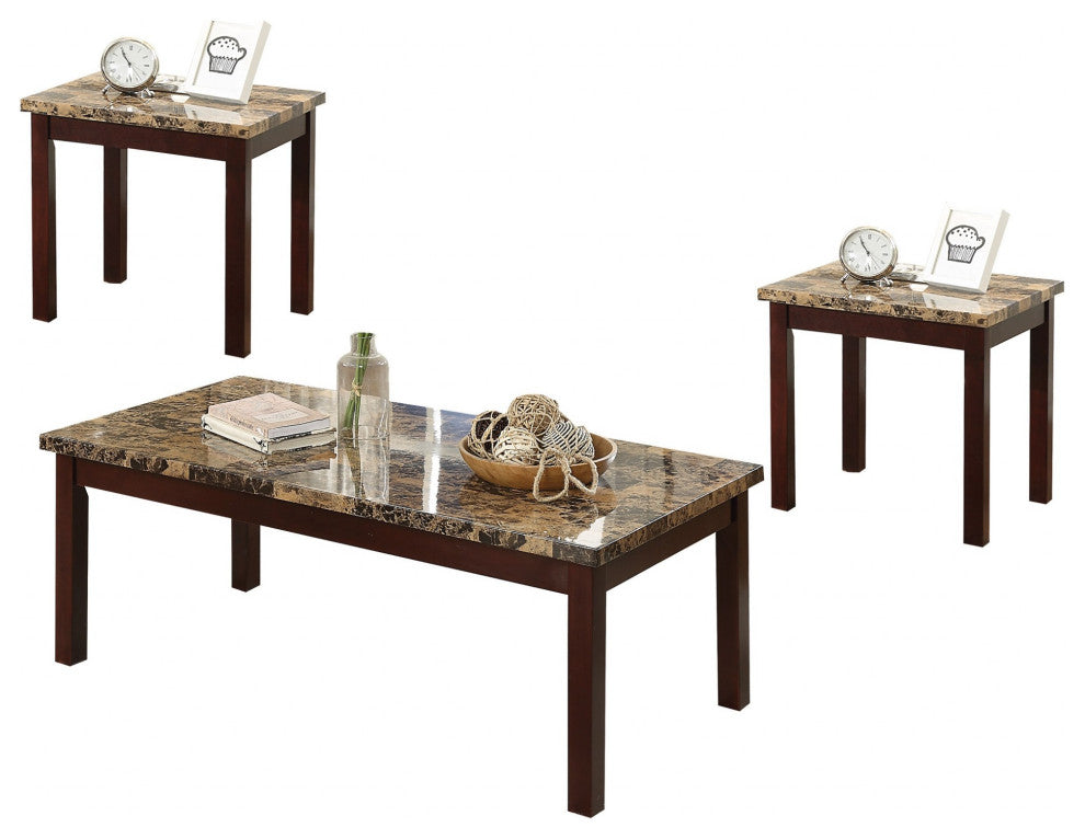48" X 24" X 18" 3pc Faux Marble And Cherry Coffee And End Set