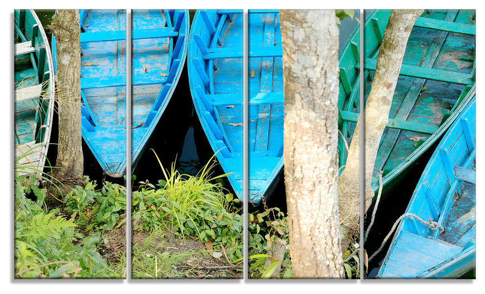 Blue Boats on Lake Phewa, Boat Canvas Art Print, 48"x28", 4 Panels