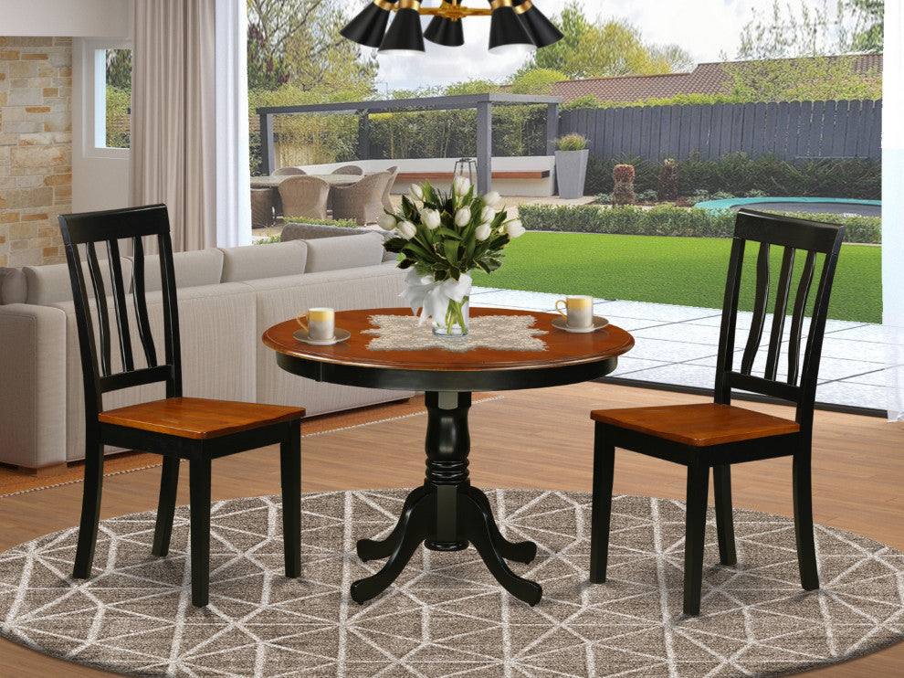 3 Pc Set With A Round Table And 2 Wood Dinette Chairs, Black And Cherry