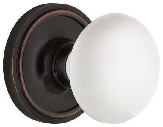 Classic Rosette Privacy White Porcelain Knob, Timeless Bronze
