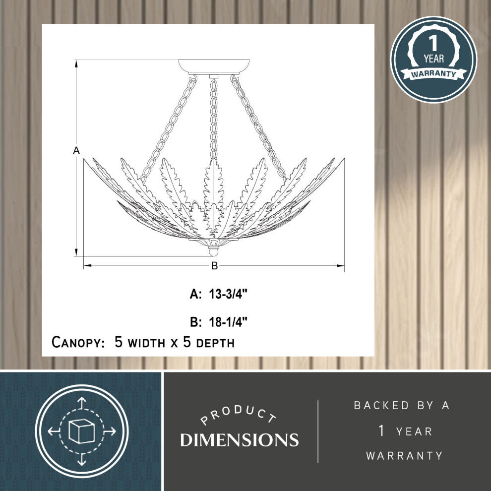 Ozette 18"W Gold Semi Flush Mount Ceiling Light Fxiture With Leaf Motif