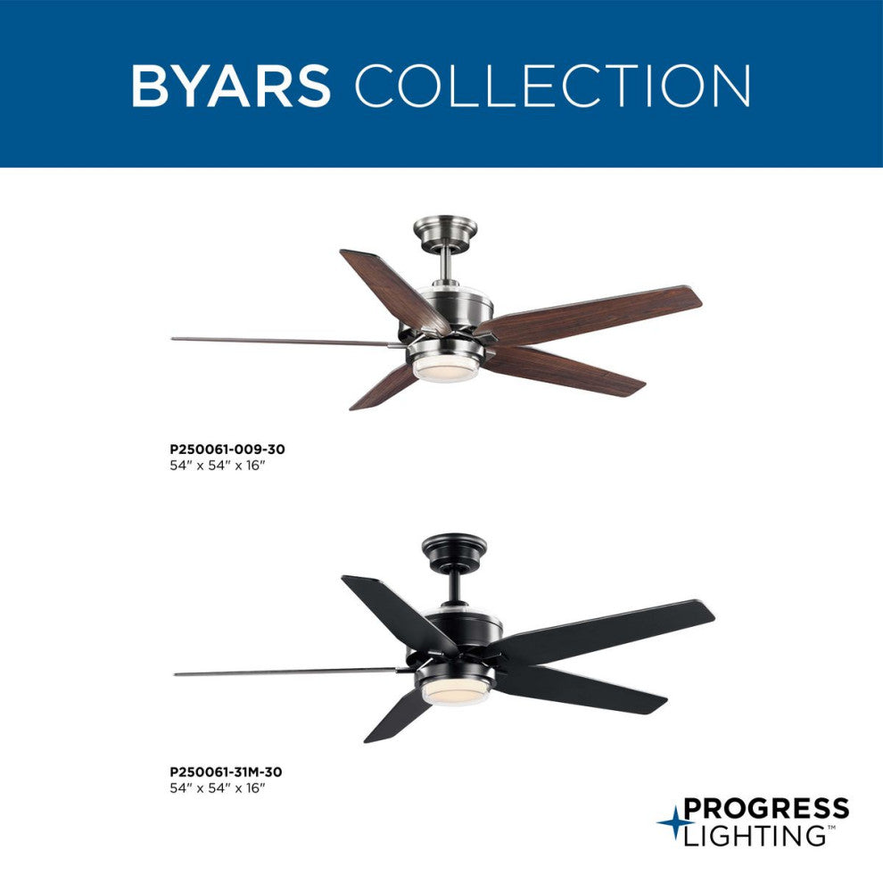 Byars 54" 5-Blade LED Indoor BN Ceiling Fan, Light Kit White Opal Shade