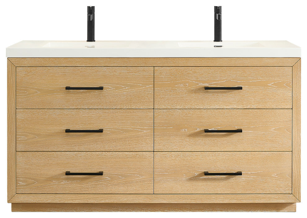 Sigrid Bathroom Vanity, White Oak, 60", No Mirror