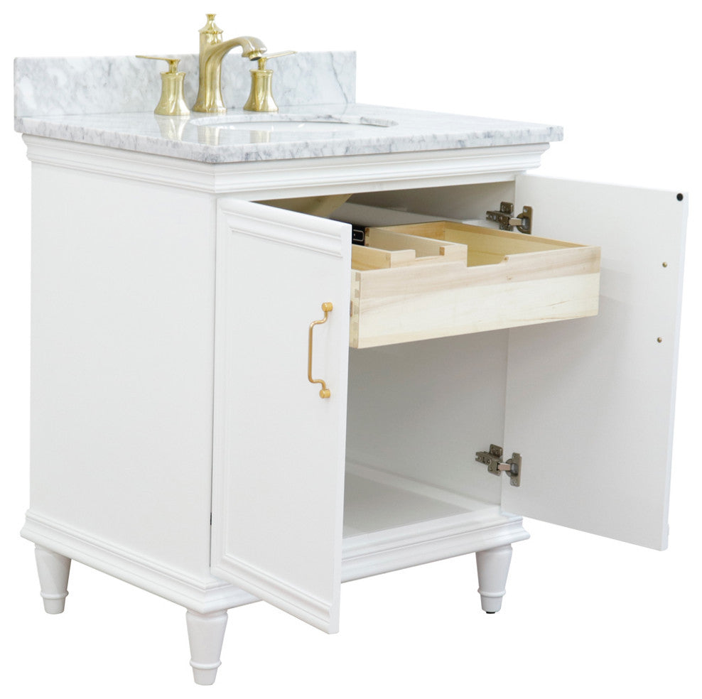 31" Single Vanity, White Finish With White Carrara And Oval Sink