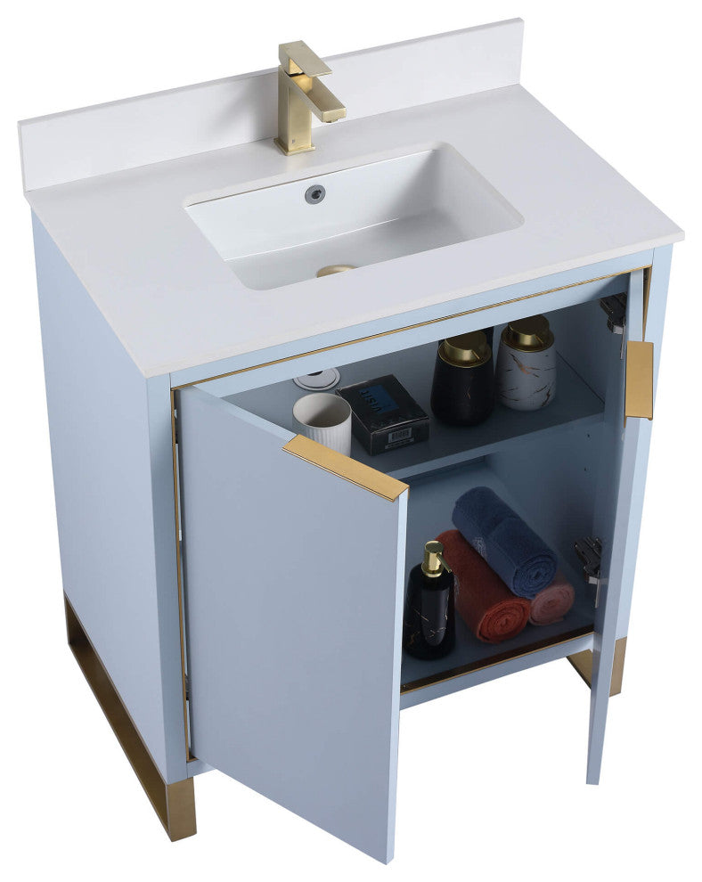 Opulence Bath Vanity, Pastel Blue, 30", Satin Brass Hardware, White Top