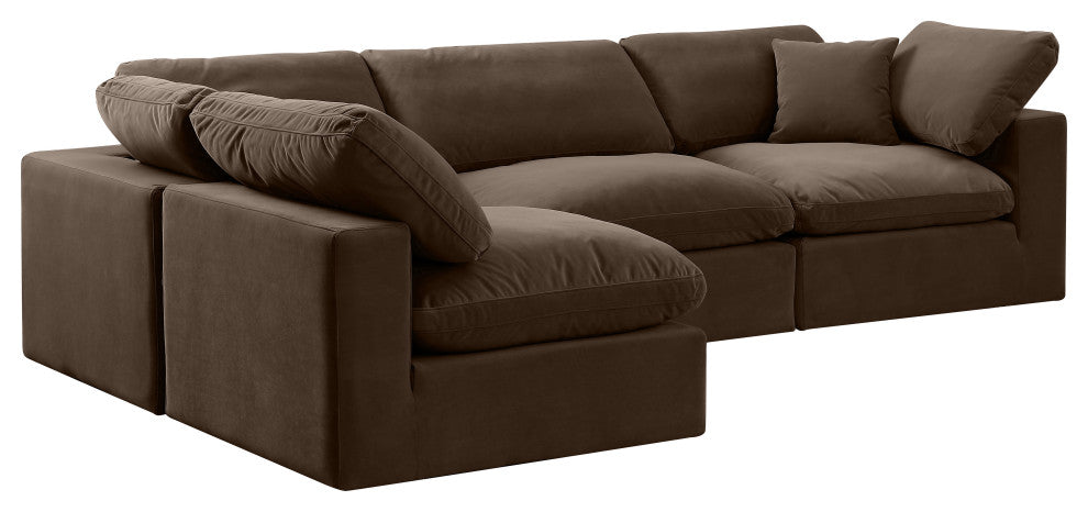 Comfy Upholstered L-Shaped Modular Sectional, Brown, 4-Piece: 2 Armless Chair, 2 Corner Chair, Velvet
