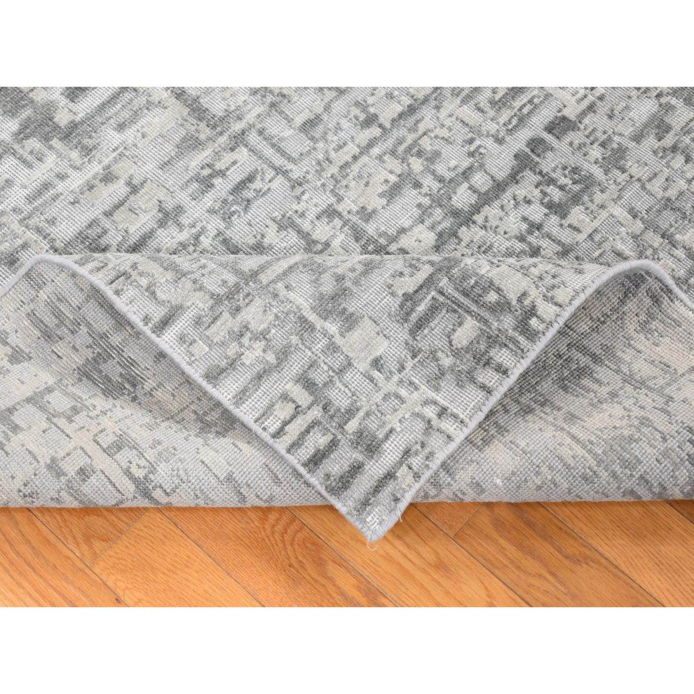 Medium Gray, THE MATRIX Design, Silk With Wool, Hand Knotted Rug, 9'2"x12'3"