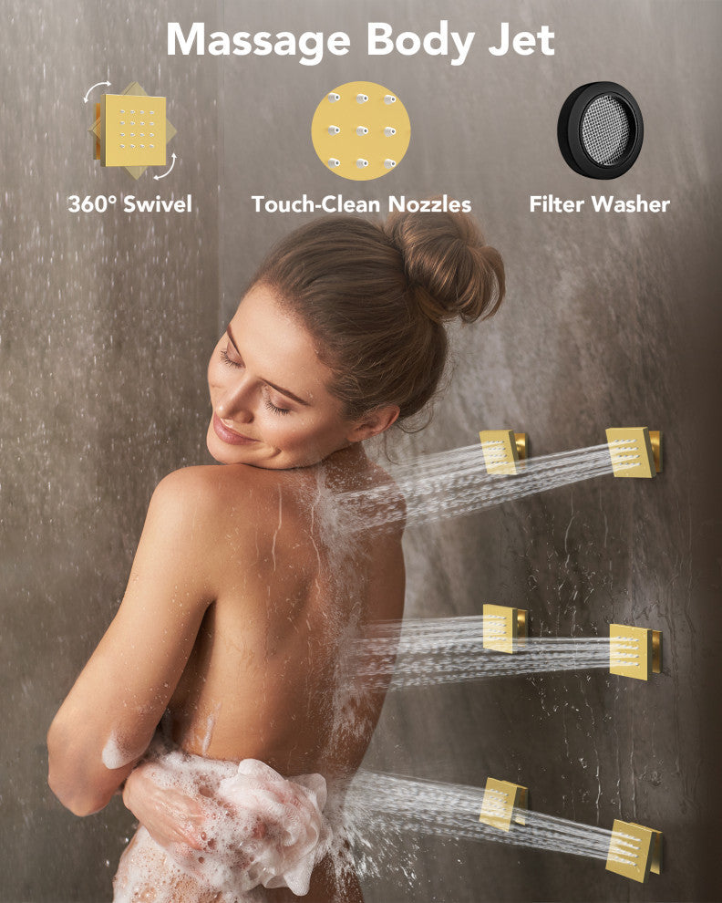 Thermostatic Shower Faucet 12" Rain Shower Head with Handheld Slide Bar System, Brushed Gold