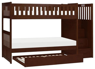 Lexicon Rowe Reversible Step Storage Wood Bunk Bed with Trundle Bed in Cherry