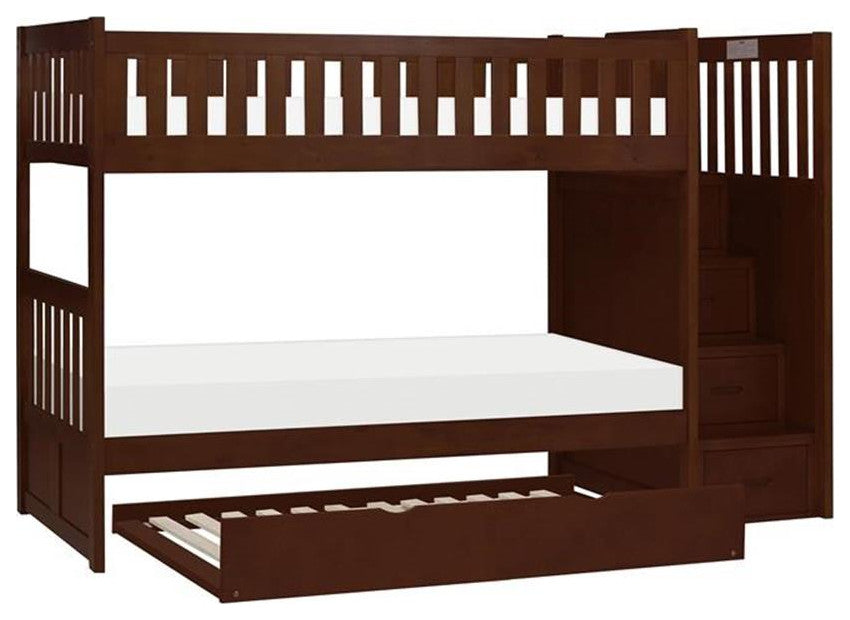 Lexicon Rowe Reversible Step Storage Wood Bunk Bed with Trundle Bed in Cherry