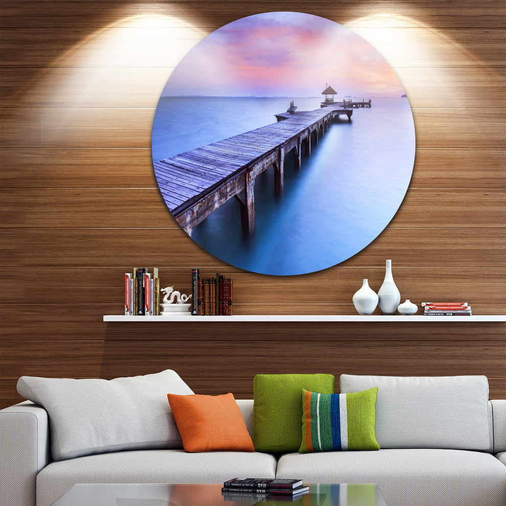 Wooden Bridge Over Blue Waters, Sea Pier Large Disc Metal Wall Art, 11"