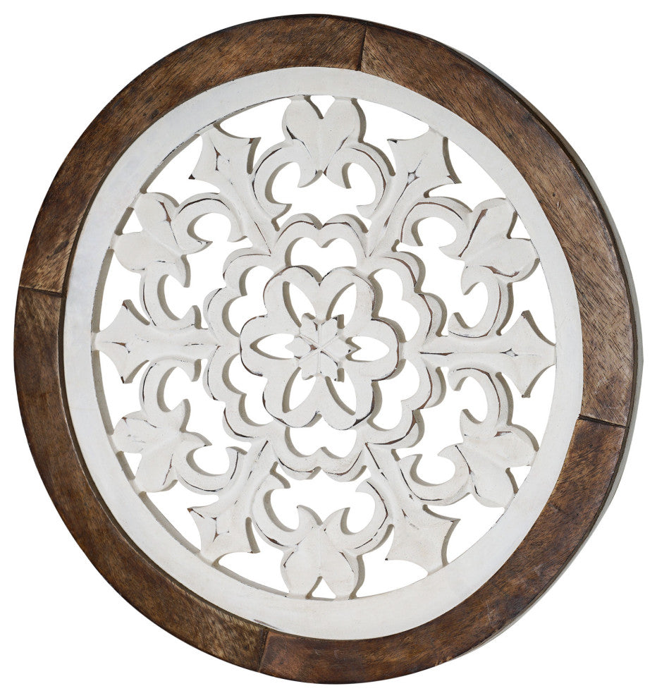 Distressed Wood Framed Round White Arabesque Wall Accent Medallion 16"
