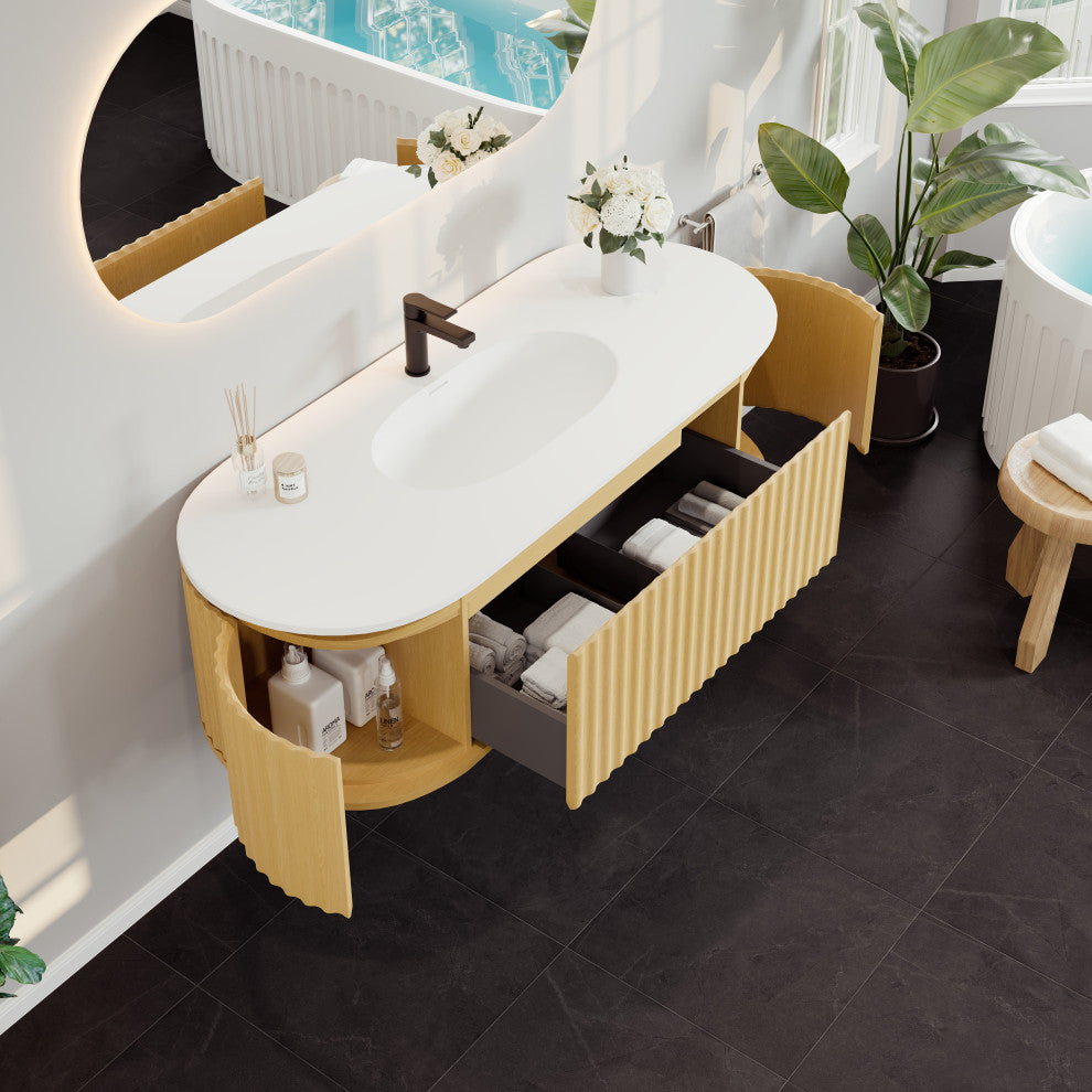 Eviva Haven 55" Oak Wallmount Vanity With White Solid Surface Integrated Top