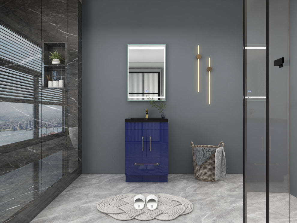 Rosa 24" Free Standing Modern Vanity, High Gloss Night Blue, Matt Black Top