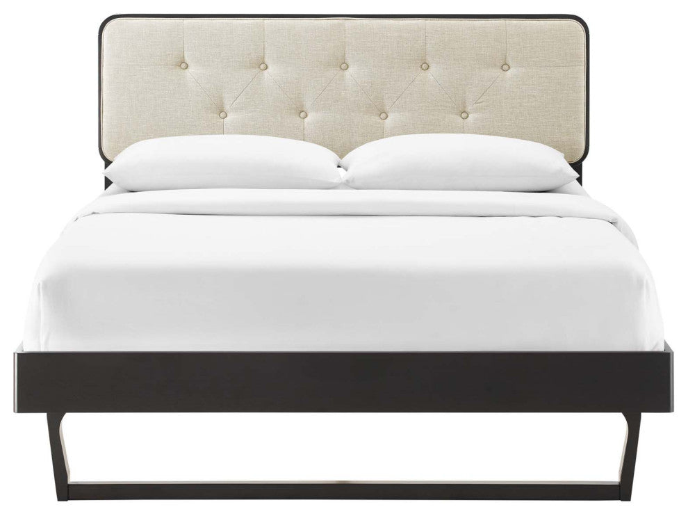 Platform Bed Frame, Queen Size, Fabric, Wood, Black Beige, Modern Mid-Century