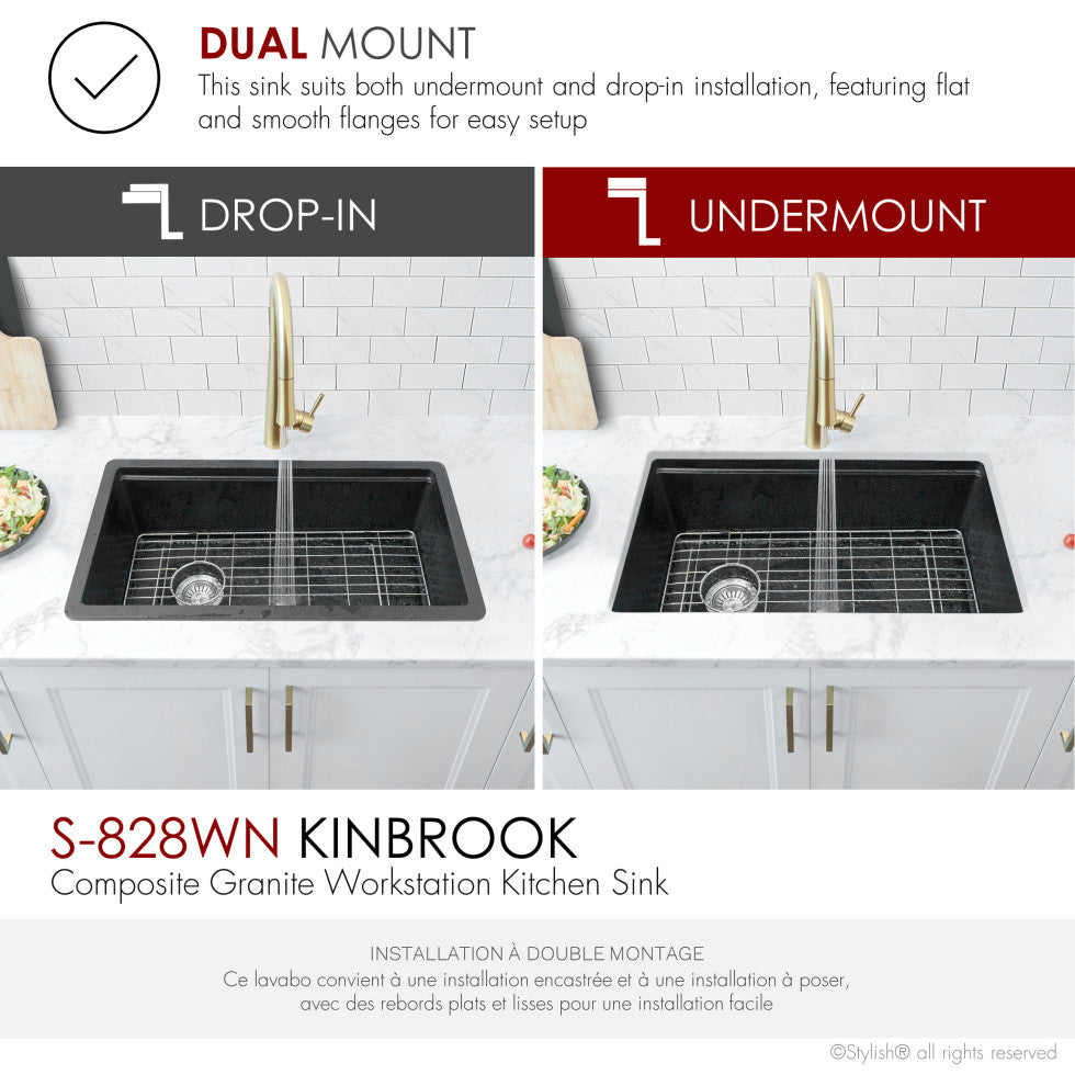 Stylish 28" Dual Mount Single Bowl Black Granite Kitchen Sink