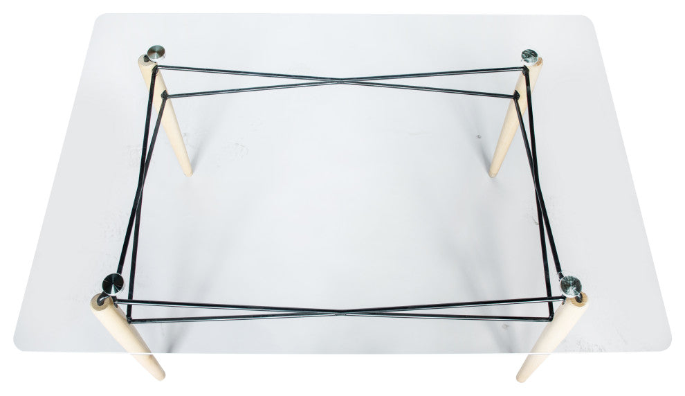 LeisureMod Dover 4' Square Top Dinin Table, Natural Wood Eiffel Base, Clear Glass
