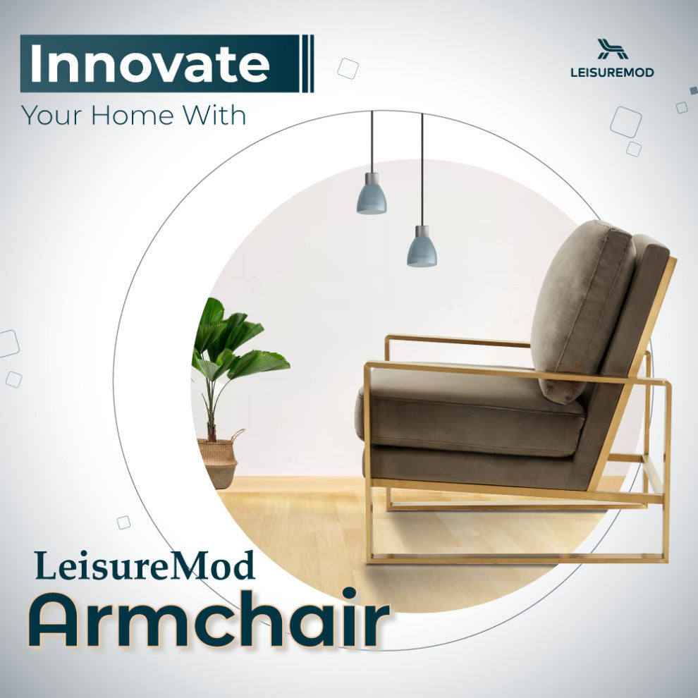 LeisureMod Jefferson Velvet Accent Armchair With Gold Frame, Dark Grey