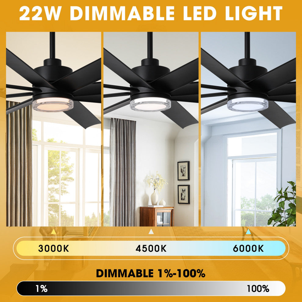72-inch Modern Black Industrial LED Smart Ceiling Fan with Remote