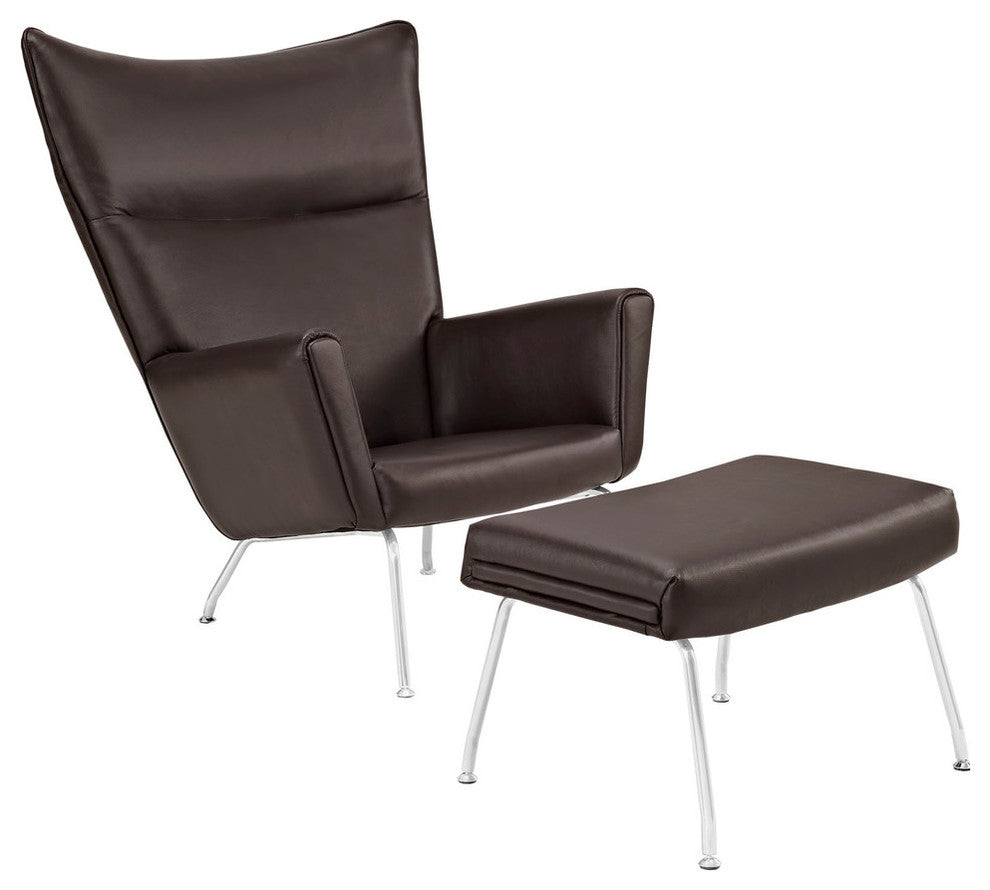 Modern Contemporary Living Room Leather Lounge Chair and Ottoman Dark Brown