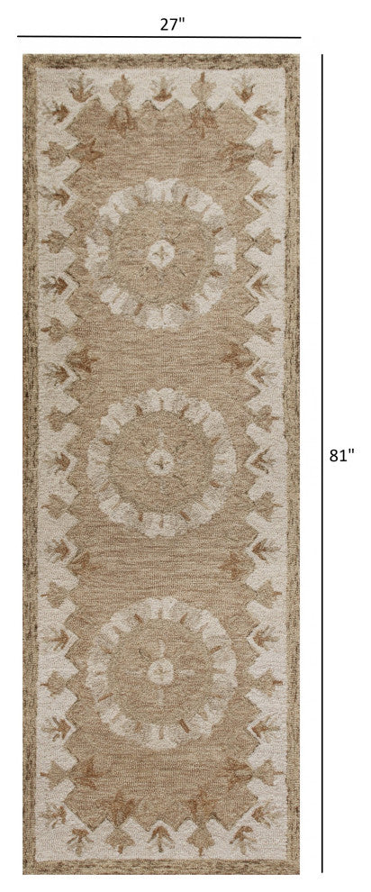 2' X 7' Tan Retro Modern Medallion Runner Rug
