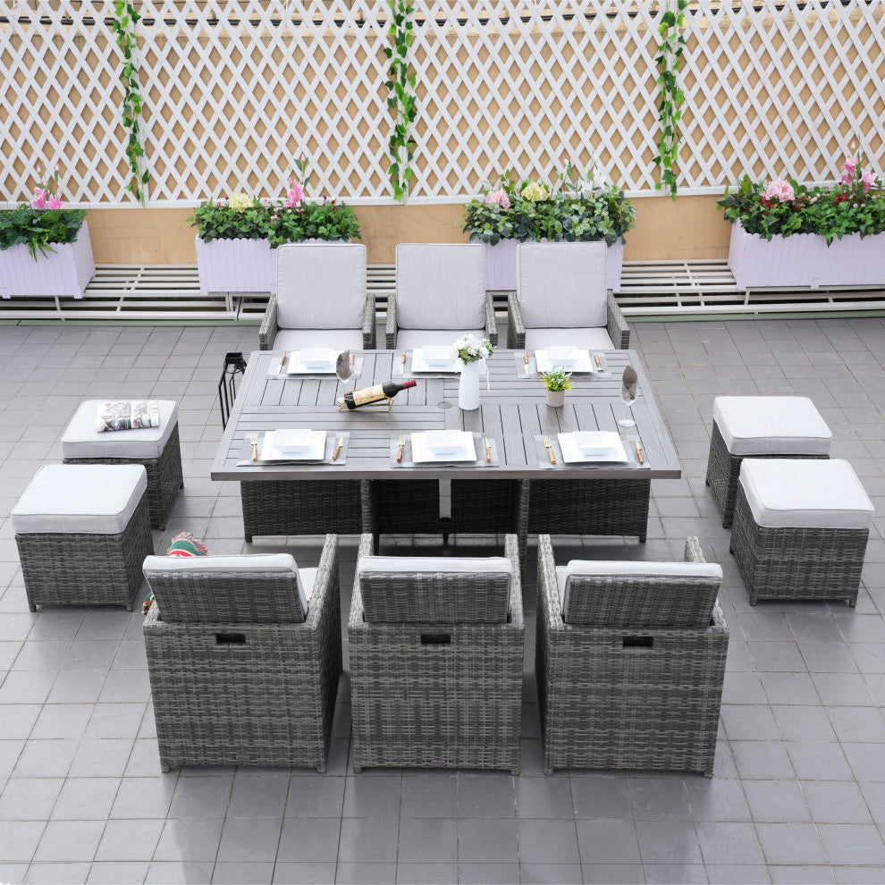 Outdoor Patio Wicker Dining Table Set with Chairs, 11-Piece Set, Gray