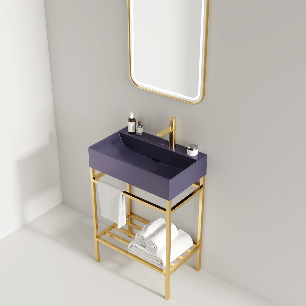 24" Freestanding Bathroom Vanity Set With Glossy Ceramic Basin, Gold