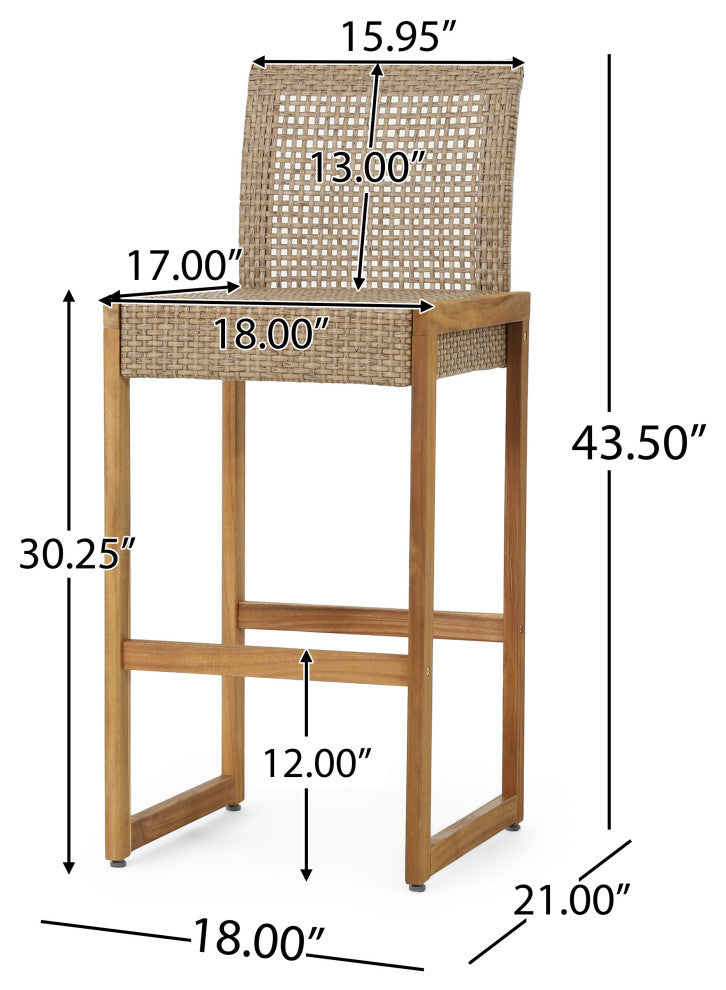 Resaca Outdoor Wicker Barstools, Set of 2, Light Multi-Brown and Teak
