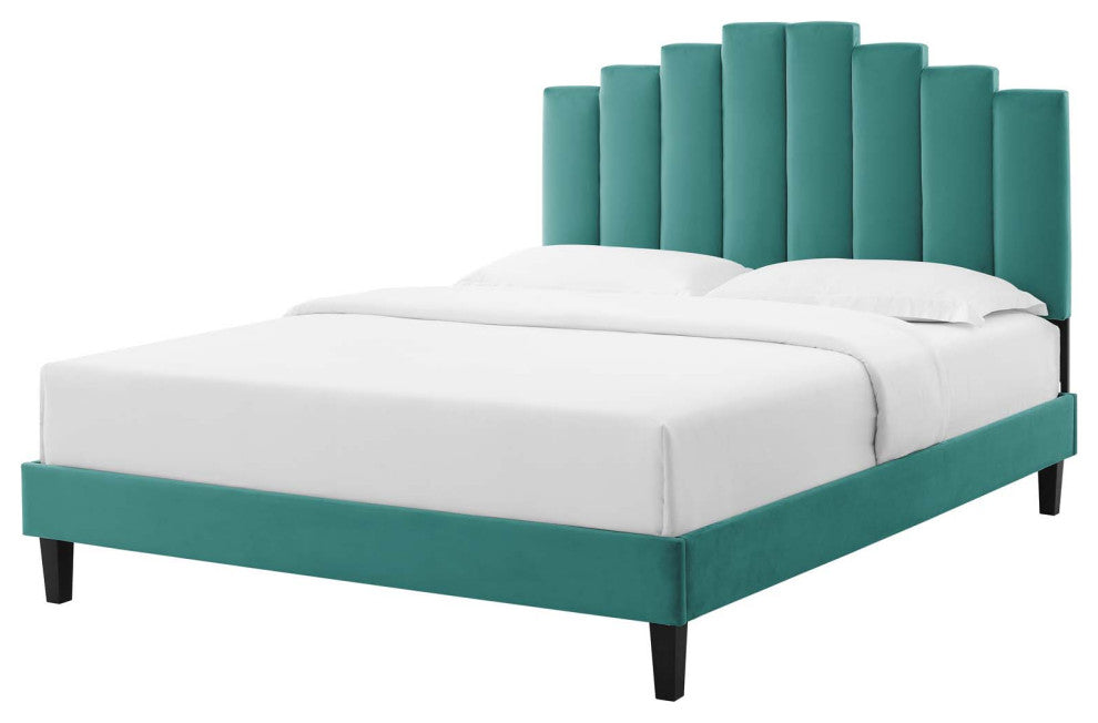 Platform Bed Frame, Queen Size, Velvet, Teal Blue, Modern Contemporary, Bedroom